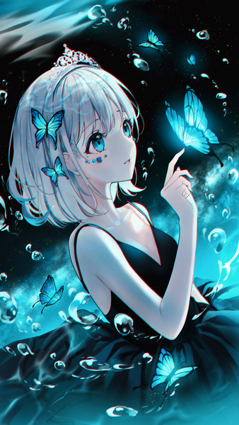 Anime picture 1128x2000 with original lium single tall image blush fringe short hair breasts standing bare shoulders looking away cleavage silver hair parted lips arm up aqua eyes sleeveless underwater anaglyph girl