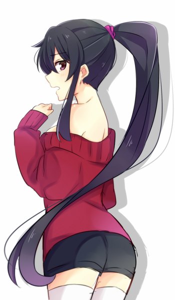 Anime picture 700x1200 with kantai collection yahagi light cruiser yukichi (eikichi) single long hair tall image looking at viewer blush fringe open mouth black hair simple background red eyes standing bare shoulders ponytail profile shadow sideboob arched back
