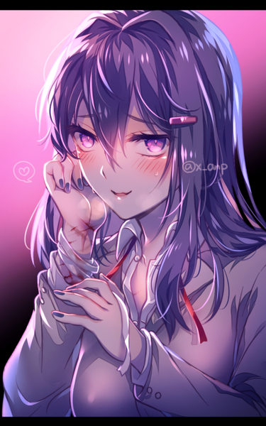 Anime picture 563x900 with doki doki literature club yuri (doki doki literature club) aicedrop single long hair tall image looking at viewer blush fringe open mouth simple background hair between eyes purple eyes signed purple hair upper body long sleeves nail polish sweat twitter username
