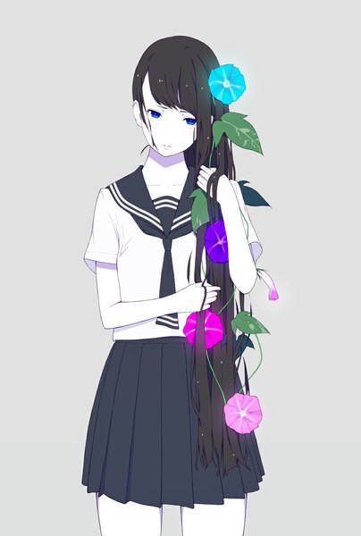 Anime picture 780x1157 with original natuich single long hair tall image fringe blue eyes black hair simple background standing pleated skirt hair flower grey background glowing looking down pale skin glow girl skirt uniform