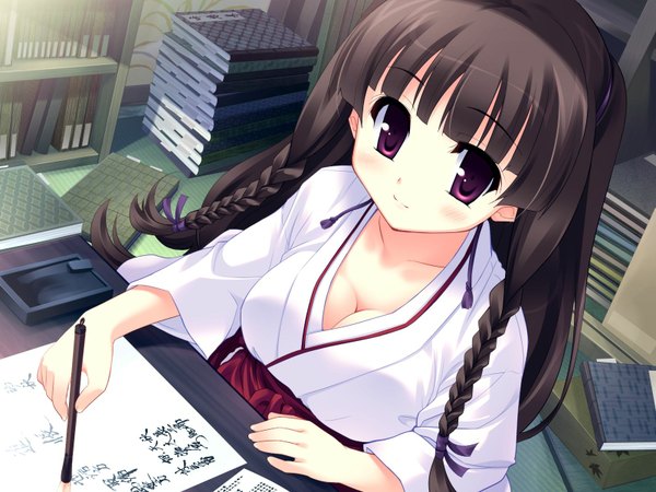 Anime picture 1600x1200 with harukazedori ni tomarigi wo harukazedori ni tomarigi wo 2nd story long hair black hair purple eyes game cg traditional clothes japanese clothes miko girl