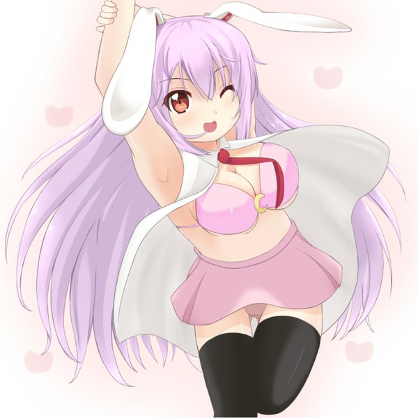 Anime picture 1271x1271 with touhou reisen udongein inaba chimunge single long hair open mouth light erotic red eyes pink hair one eye closed wink bunny ears bunny girl girl thighhighs skirt underwear panties black thighhighs miniskirt