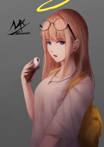 Anime picture 1240x1753 with original shimmer single long hair tall image looking at viewer fringe open mouth blue eyes simple background standing holding signed payot upper body blunt bangs grey background :o girl glasses