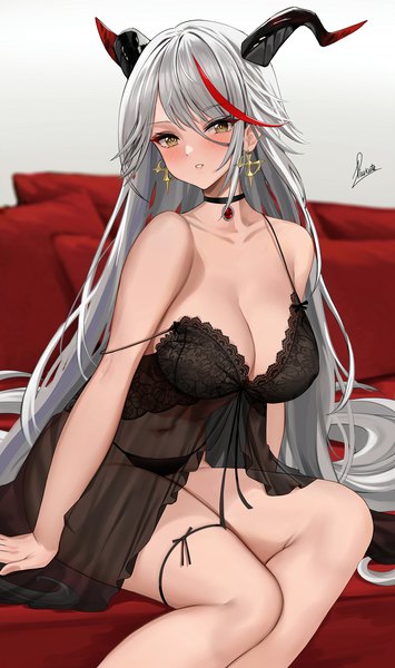 Anime picture 1184x2000 with azur lane aegir (azur lane) piukute062 single long hair tall image looking at viewer blush fringe breasts light erotic simple background hair between eyes large breasts sitting brown eyes signed payot cleavage silver hair