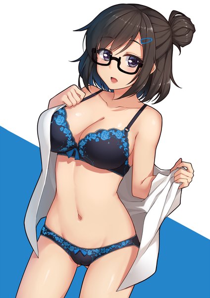 Anime picture 1500x2121 with overwatch blizzard entertainment mei (overwatch) terras single tall image looking at viewer short hair breasts open mouth blue eyes light erotic black hair open shirt ass visible through thighs girl navel underwear panties shirt