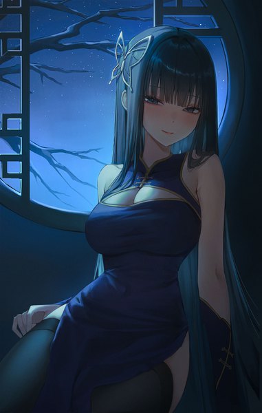 Anime picture 1500x2361 with original ame 816 single long hair tall image looking at viewer blush fringe breasts light erotic black hair smile large breasts sitting indoors blunt bangs traditional clothes black eyes night night sky
