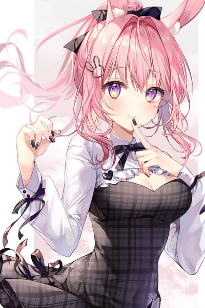 Anime picture 1181x1771 with virtual youtuber indie virtual youtuber tomomo mimiko taya oco single long hair tall image looking at viewer blush fringe breasts simple background smile standing purple eyes animal ears payot pink hair cleavage ponytail