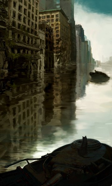 Anime picture 1200x2000 with original nupeshiko tall image sky reflection cityscape ruins post-apocalyptic water ground vehicle tank