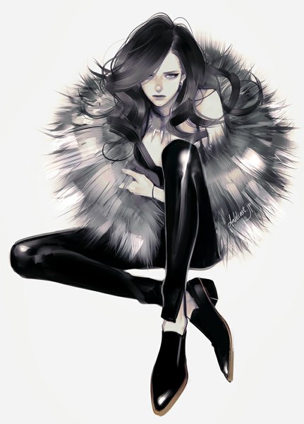 Anime picture 800x1114 with original takenaka single long hair tall image looking at viewer fringe black hair sitting bare shoulders bent knee (knees) hair over one eye grey eyes fashion girl choker fur jewelry necklace