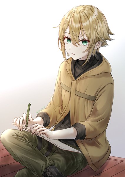 Anime picture 2508x3541 with 86 -eightysix- theoto rikka nonon 813 single tall image looking at viewer fringe highres short hair blonde hair hair between eyes sitting green eyes fingernails boy pencil sketchbook