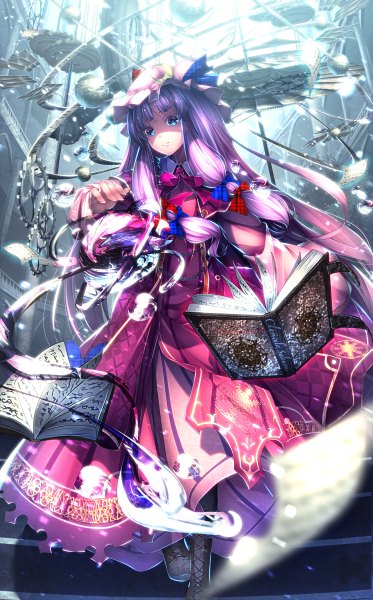 Anime picture 746x1200 with touhou patchouli knowledge ryosios single long hair tall image looking at viewer blue eyes purple hair magic girl dress bow hair bow book (books) bonnet paper magic circle