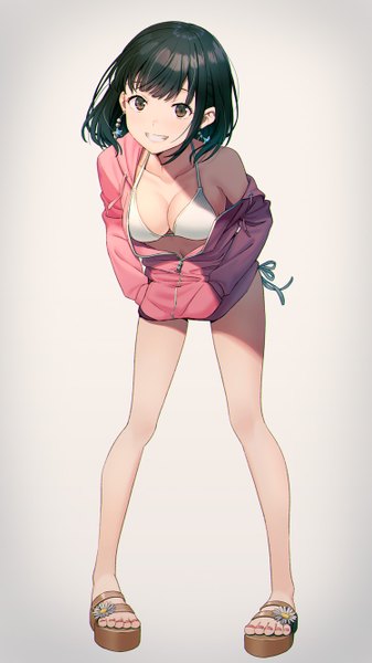 Anime picture 750x1334 with original hyuuga azuri single tall image looking at viewer fringe short hair breasts light erotic black hair simple background smile standing brown eyes cleavage full body off shoulder grey background open jacket bare legs