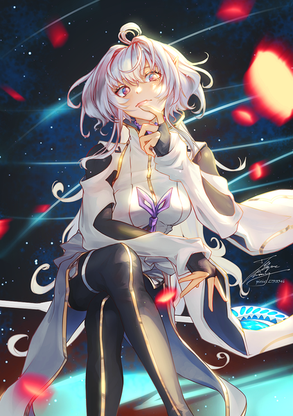 Anime picture 847x1200 with fate (series) fate/prototype merlin (fate/prototype) fadingz single long hair tall image blush fringe hair between eyes sitting signed payot looking away silver hair ahoge bent knee (knees) long sleeves head tilt pointy ears
