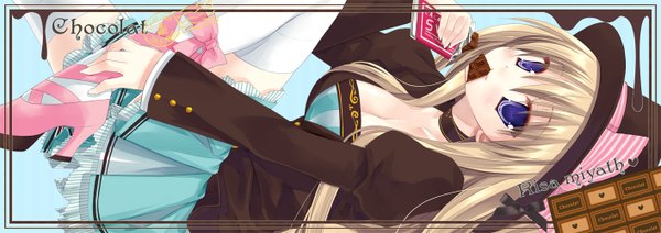Anime picture 1414x500 with original risatsucho (artist) single long hair blush blue eyes wide image girl thighhighs dress hat white thighhighs food sweets witch hat chocolate