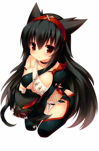 Anime picture 2650x4050 with monster hunter monster hunter 4 nargacuga (armor) any (trueblue) single long hair tall image looking at viewer blush highres breasts light erotic black hair simple background smile red eyes large breasts white background sitting very long hair