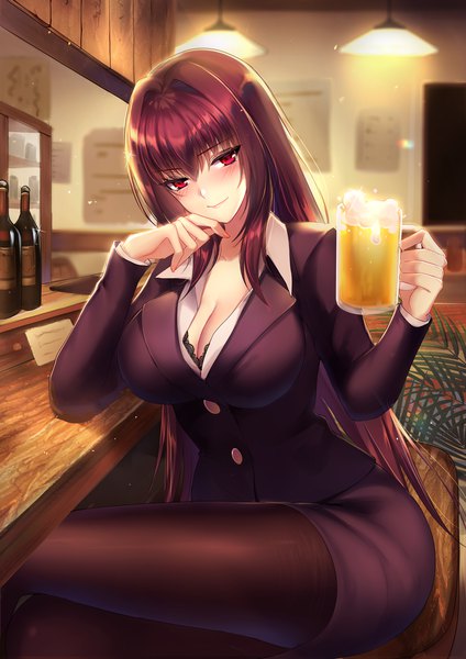 Anime picture 992x1403 with fate (series) fate/grand order scathach (fate) (all) scathach (fate) mallizmora single long hair tall image looking at viewer blush fringe light erotic smile hair between eyes red eyes sitting holding purple hair indoors fingernails