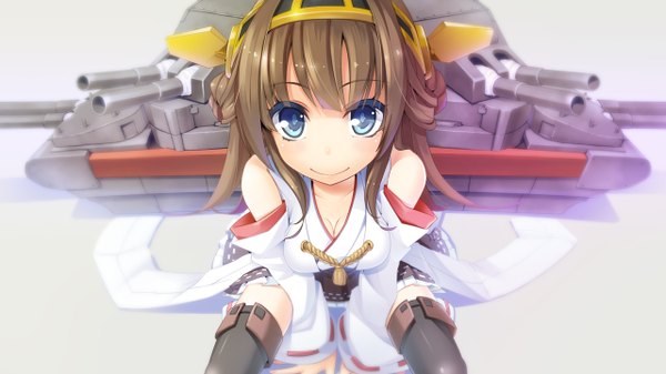 Anime picture 1280x720 with kantai collection kongou battleship wapokichi single long hair looking at viewer blush blue eyes simple background smile brown hair wide image sitting traditional clothes japanese clothes nontraditional miko girl hair ornament weapon detached sleeves