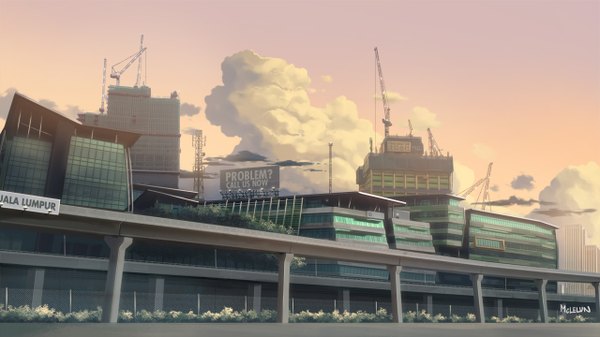 Anime picture 1280x720 with original mclelun wide image signed sky cloud (clouds) city cityscape plant (plants) tree (trees) building (buildings) crane