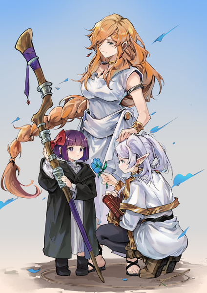 Anime picture 2480x3508 with sousou no frieren frieren fern (sousou no frieren) flamme (sousou no frieren) a yue long hair tall image fringe highres short hair standing multiple girls silver hair purple hair blunt bangs braid (braids) very long hair profile pointy ears orange hair