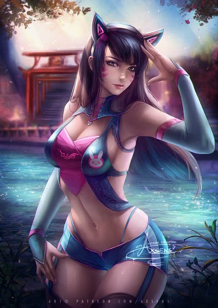 Anime picture 848x1200 with overwatch blizzard entertainment axent wear headphones d.va (overwatch) axsen single long hair tall image looking at viewer fringe breasts light erotic brown hair standing bare shoulders signed animal ears sky cleavage nail polish