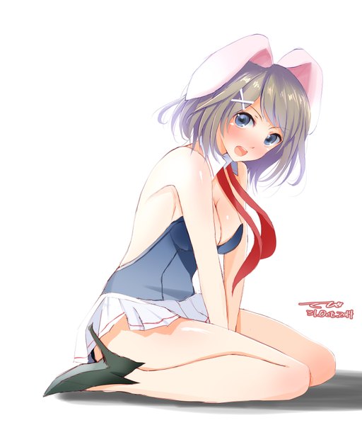 Anime picture 1709x2000 with kantai collection maya heavy cruiser tebi (tbd11) single tall image looking at viewer blush highres short hair breasts open mouth blue eyes light erotic simple background large breasts white background sitting bare shoulders animal ears cleavage