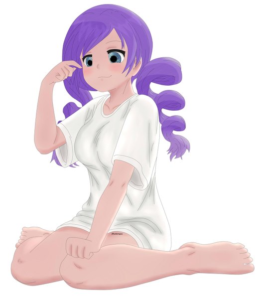 Anime picture 1572x1800 with original sacharque single long hair tall image blush breasts blue eyes simple background smile large breasts white background sitting twintails signed looking away purple hair full body barefoot arm up