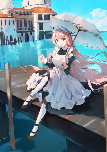 Anime picture 868x1228 with original sabet (young ouo) single long hair tall image looking at viewer blush fringe open mouth sitting holding brown eyes pink hair sky cloud (clouds) full body outdoors wind maid puffy sleeves