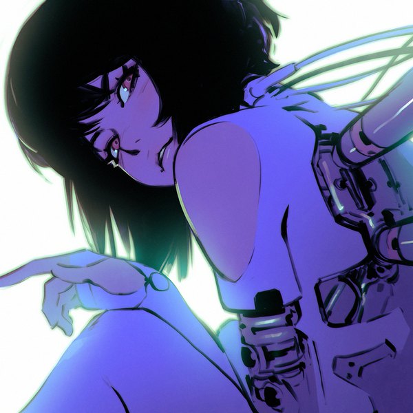 Anime picture 1080x1080 with ghost in the shell production i.g kusanagi motoko ilya kuvshinov single blush short hair black hair simple background red eyes white background sitting bare shoulders parted lips looking up mechanical arms girl android cable