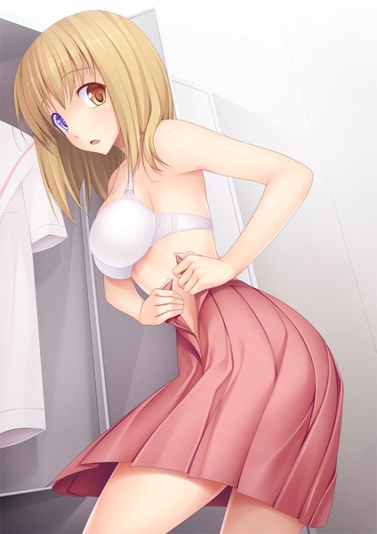 Anime picture 716x1012 with original 440 single tall image looking at viewer short hair open mouth light erotic blonde hair heterochromia girl skirt