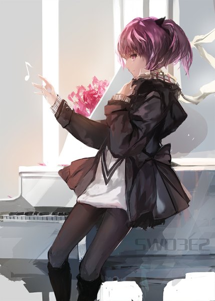 Anime picture 709x992 with elsword aisha landar swd3e2 single tall image looking at viewer short hair purple eyes twintails purple hair profile girl flower (flowers) jacket scarf musical instrument musical note piano