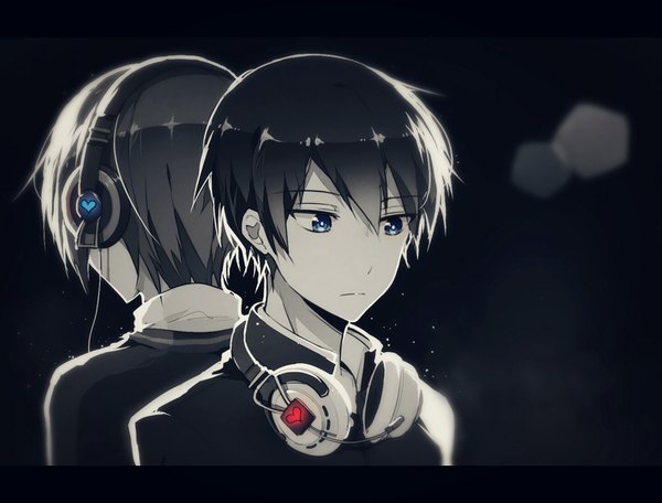 Anime picture 1454x1106 with free! kyoto animation matsuoka rin nanase haruka (free!) kurasaki ken short hair blue eyes upper body multiple boys monochrome letterboxed back to back headphones around neck spot color boy uniform school uniform heart headphones 2 boys