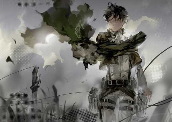 Anime picture 1408x1000 with shingeki no kyojin production i.g levi (rivaille) noir (ibaraki) single short hair black hair looking away sky cloud (clouds) open clothes open jacket grey eyes boy uniform weapon plant (plants) sword jacket belt