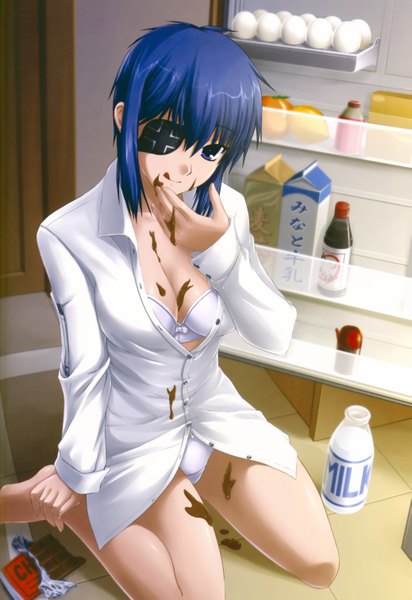 Anime picture 4146x6028 with kimi ga aruji de shitsuji ga ore de natose tall image highres blue eyes light erotic blue hair absurdres food on face messy underwear panties food eyepatch milk refrigerator