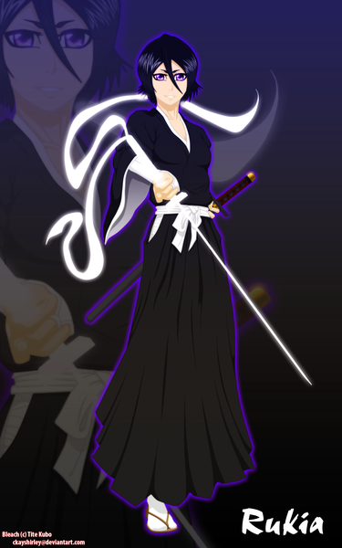 Anime picture 1875x3000 with bleach studio pierrot kuchiki rukia ckayshirley single tall image highres short hair black hair smile purple eyes japanese clothes inscription coloring zoom layer weapon sword belt kimono katana