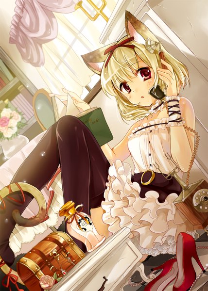 Anime picture 1000x1400 with original kusukoni melco single tall image short hair blonde hair red eyes animal ears cat ears cat girl cat tail girl thighhighs dress black thighhighs shoes book (books) jewelry phone chest