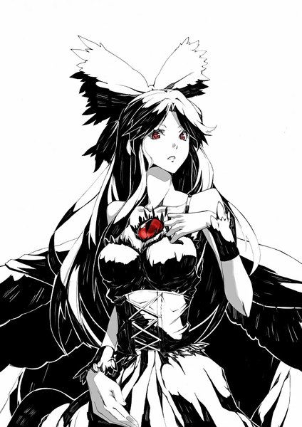 Anime picture 744x1053 with touhou reiuji utsuho scottie (phantom2) single long hair tall image looking at viewer breasts open mouth black hair simple background red eyes large breasts standing white background bare shoulders monochrome girl dress bow