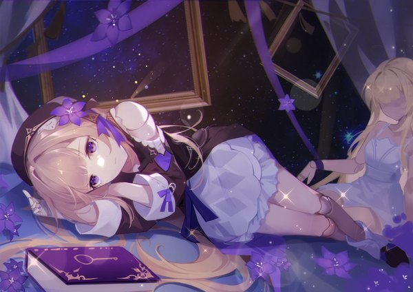 Anime picture 2631x1860 with honkai: star rail honkai (series) herta (honkai: star rail) woodylixx single long hair fringe highres brown hair purple eyes lying blunt bangs sparkle on side doll joints empty picture frame girl flower (flowers) book (books) beret