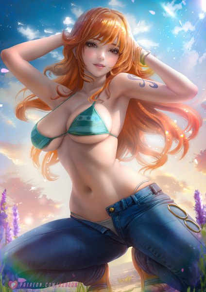 Anime picture 3532x5000 with one piece toei animation nami (one piece) axsen single long hair tall image looking at viewer fringe highres breasts light erotic hair between eyes large breasts brown eyes signed absurdres sky cloud (clouds) outdoors