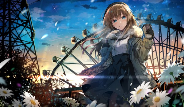 Anime picture 1500x875 with original hirai yuzuki single long hair looking at viewer blush fringe blue eyes smile hair between eyes brown hair wide image standing holding signed sky cloud (clouds) outdoors pleated skirt wind