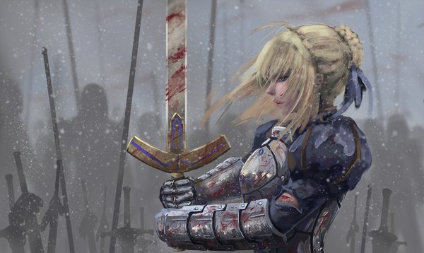 Anime picture 1562x933 with fate (series) fate/stay night artoria pendragon (all) august ice short hair blue eyes blonde hair wide image holding looking away ahoge outdoors braid (braids) profile wind lips realistic puffy sleeves torn clothes solo focus