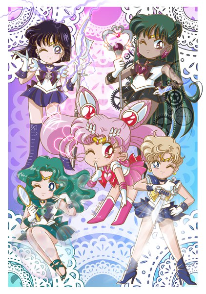 Anime picture 2401x3410 with bishoujo senshi sailor moon toei animation chibiusa tomoe hotaru kaiou michiru sailor saturn tenou haruka sailor chibi moon meiou setsuna sailor neptune sailor uranus sailor pluto riccardo bacci long hair tall image highres short hair blue eyes black hair blonde hair