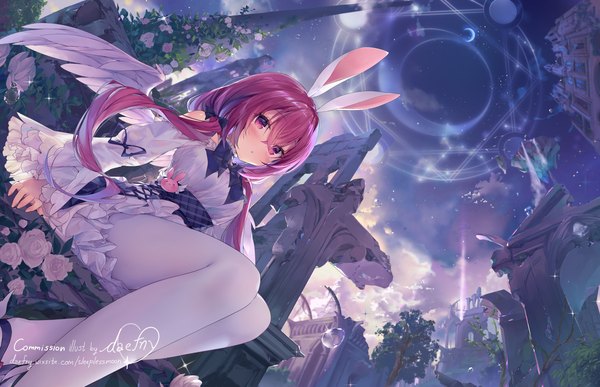 Anime picture 3700x2384 with original daefny single long hair looking at viewer blush fringe highres hair between eyes sitting twintails animal ears pink hair absurdres cloud (clouds) bent knee (knees) outdoors pink eyes night from below