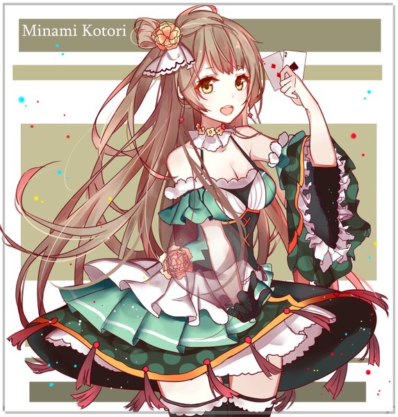 Anime picture 3000x3142 with love live! school idol project sunrise (studio) love live! minami kotori akira (ying) single long hair tall image looking at viewer fringe highres breasts open mouth brown hair bare shoulders yellow eyes hair bun (hair buns) character names one side up girl