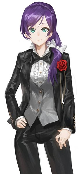 Anime picture 374x800 with love live! school idol project sunrise (studio) love live! toujou nozomi modare single long hair tall image looking at viewer fringe smile purple hair aqua eyes girl flower (flowers) bowtie rose (roses) tuxedo