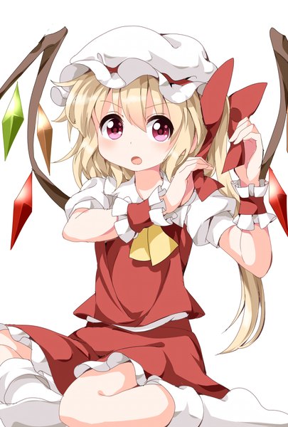 Anime picture 675x1000 with touhou flandre scarlet ruu (tksymkw) single long hair tall image blush open mouth simple background blonde hair white background sitting looking away pink eyes one side up girl wings socks white socks wrist cuffs