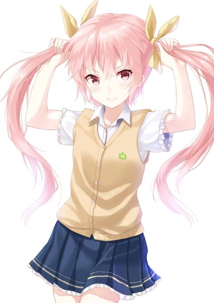 Anime picture 1062x1500 with original alexmaster single long hair tall image looking at viewer blush simple background smile white background twintails pink hair pink eyes flat chest holding hair girl uniform school uniform