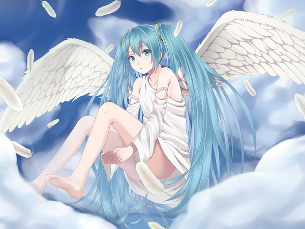 Anime picture 1200x900 with vocaloid hatsune miku heisei yutorin single twintails cloud (clouds) very long hair barefoot aqua eyes aqua hair girl hair ornament wings feather (feathers) sundress