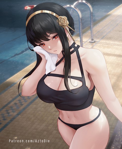 Anime picture 818x1000 with spy x family yor briar azto dio single long hair tall image looking at viewer fringe breasts light erotic black hair hair between eyes red eyes large breasts standing bare shoulders signed payot head tilt poolside