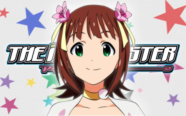 Anime picture 1920x1200 with idolmaster amami haruka single highres short hair smile brown hair wide image green eyes hair flower floral (idolmaster) girl hair ornament star (symbol)