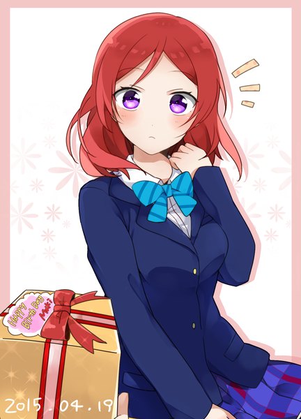 Anime picture 1382x1919 with love live! school idol project sunrise (studio) love live! nishikino maki mii (nano0o0) single tall image looking at viewer blush short hair purple eyes red hair border dated happy birthday surprised girl uniform school uniform gift